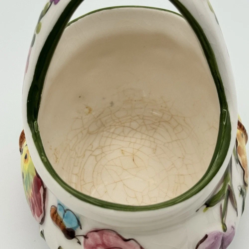 Vintage Ceramic Butterfly‎ Basket Planter Candy Dish Floral Hand Painted